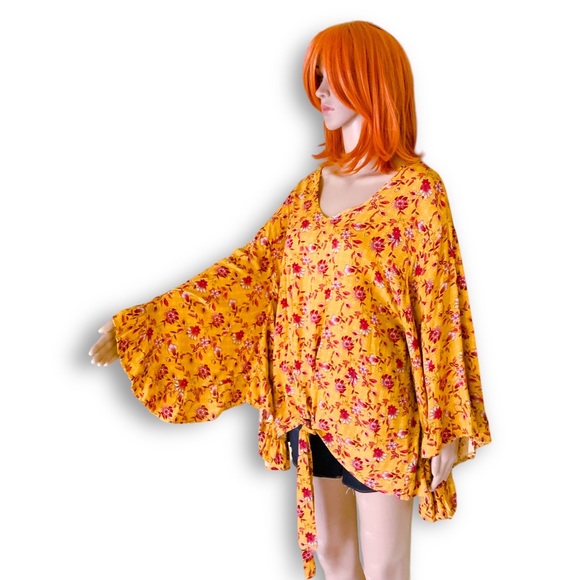 HPx2 Mustard Red Floral Tunic Relaxed Fit Ruffle Butterfly Sleeves Tie Waist SML - Picture 16 of 16